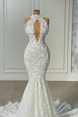 White Mermaid Halter Lace Tulle Sleeveless Long Wedding Dresses with Appliques
