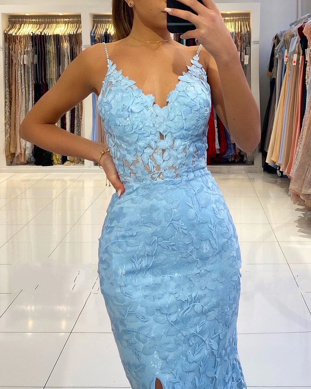 Elegant Long Mermaid V-neck Open Back Lace Prom Dress with slit