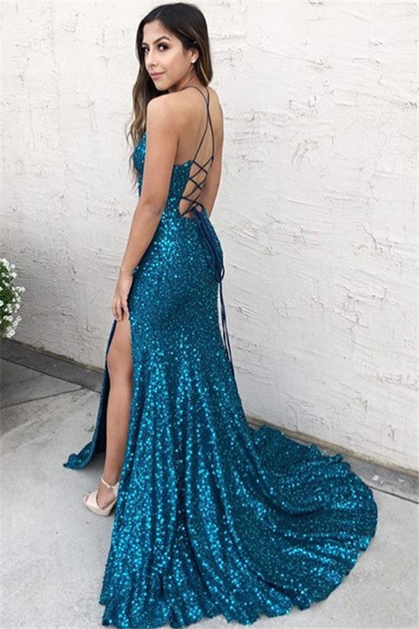 Long Halter Sequined Mermaid Backless Prom Dress with Slit