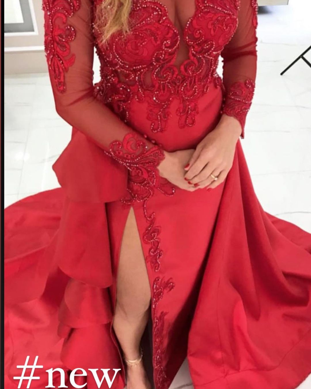 Red Mermaid Jewel Lace Appliques Long Sleeves Formal Dress with Slit