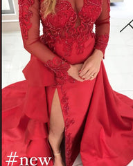 Red Mermaid Jewel Lace Appliques Long Sleeves Formal Dress with Slit