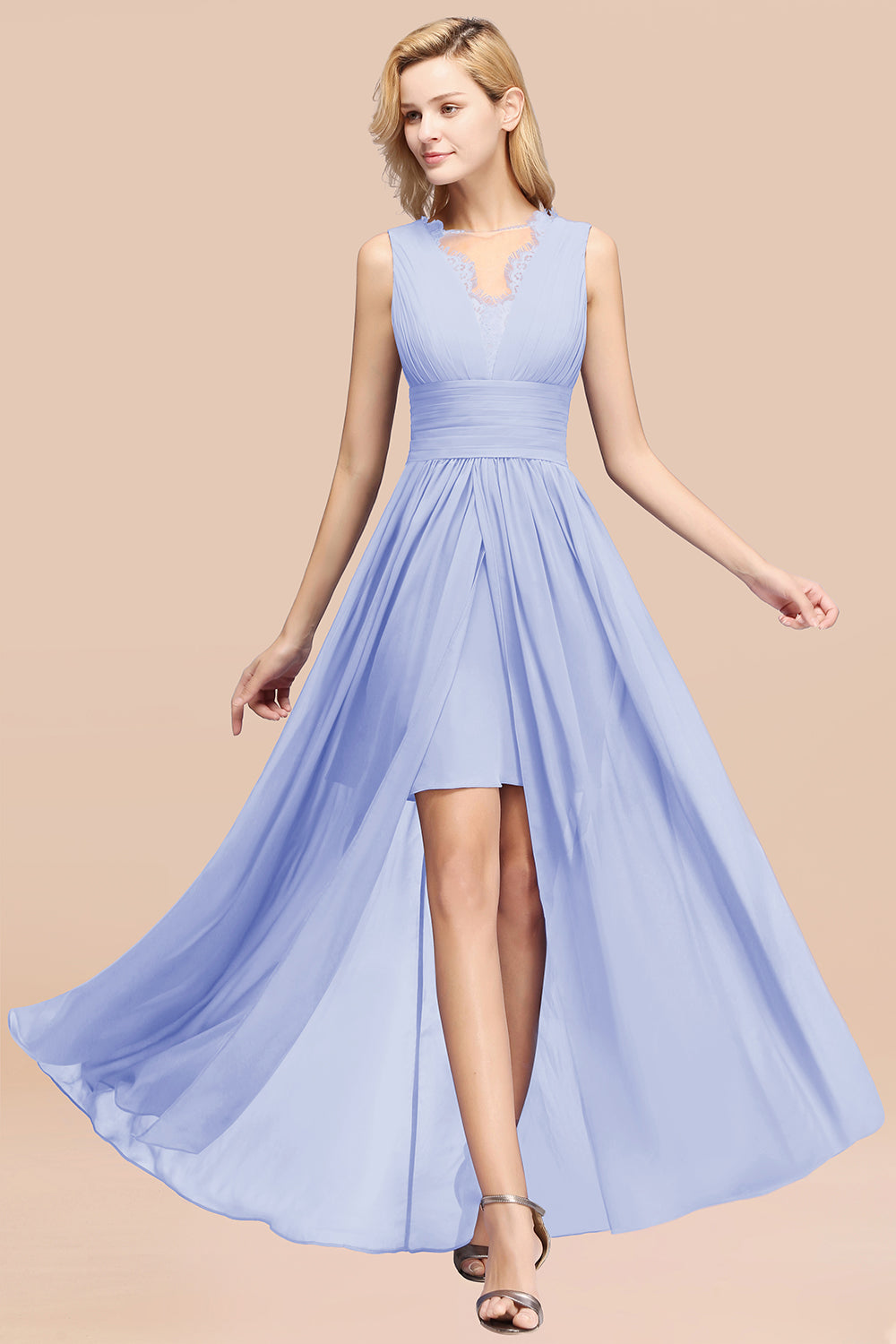 Lace Chiffon Jewel Sleeveless Ruffles Short Bridesmaid Dress
