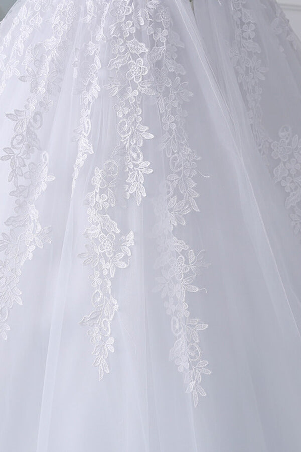 Long Ball Gown Lace-up Off Shoulder Appliques Tulle Wedding Dress