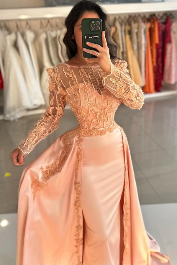 Long Sleeve Mermaid Lace Satin Formal Prom Dress with Train