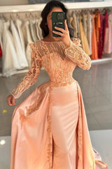 Long Sleeve Mermaid Lace Satin Formal Prom Dress with Train