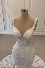 Spaghetti Straps Sweetheart Mermaid Lace Long White Wedding Dress