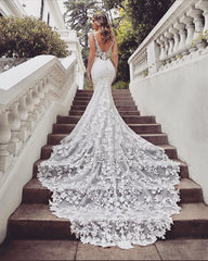 Gorgeous Long Mermaid V-neck Lace Chiffon Wedding Dress