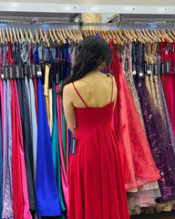 A-line V-neck Spaghetti Straps Backless Ruffles Split Chiffon Prom Dress