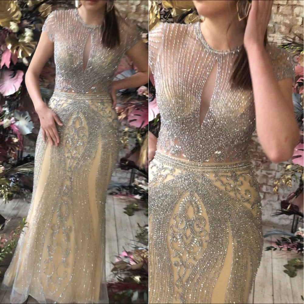 Long Mermaid Jewel Satin Beads Formal Evening Dresses