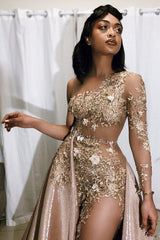 Sexy Long Mermaid One Shoulder Lace Appliqued Prom Dresses