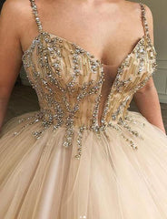 Long Ball Gown Spaghetti Straps Beaded Tulle Prom Dresses