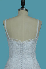 Long Spaghetti Straps Backless Floor Length Appliques Lace Tulle Mermaid Wedding Dress