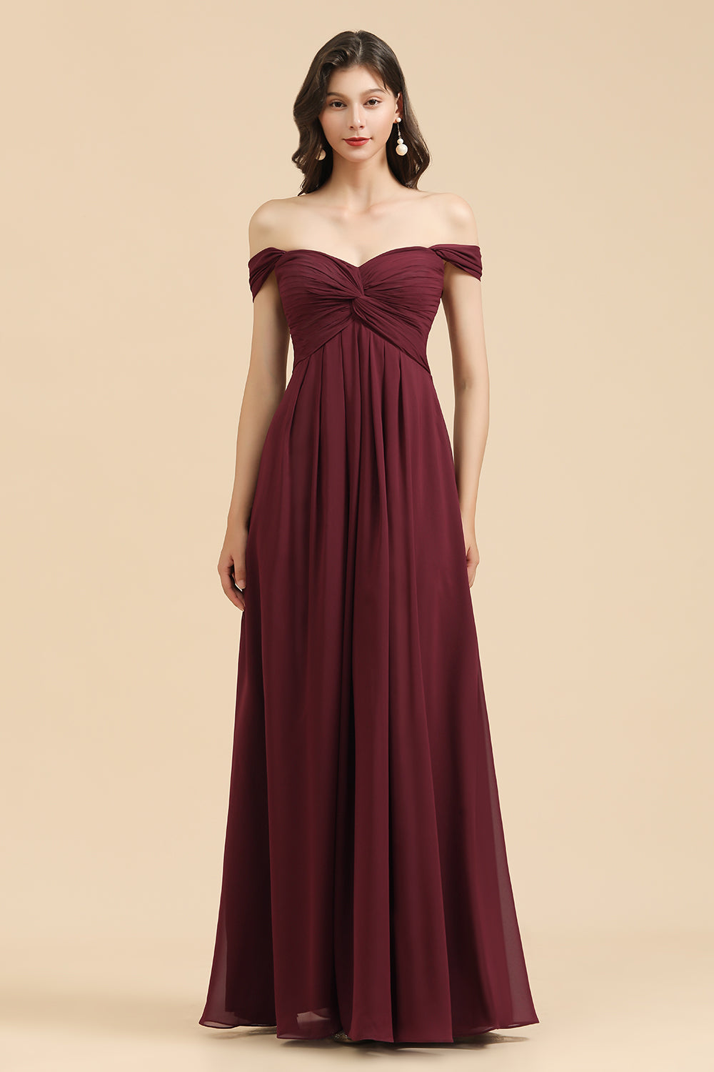 Burgundy Long A-line Off the Shoulder Chiffon Wedding Guest Dress