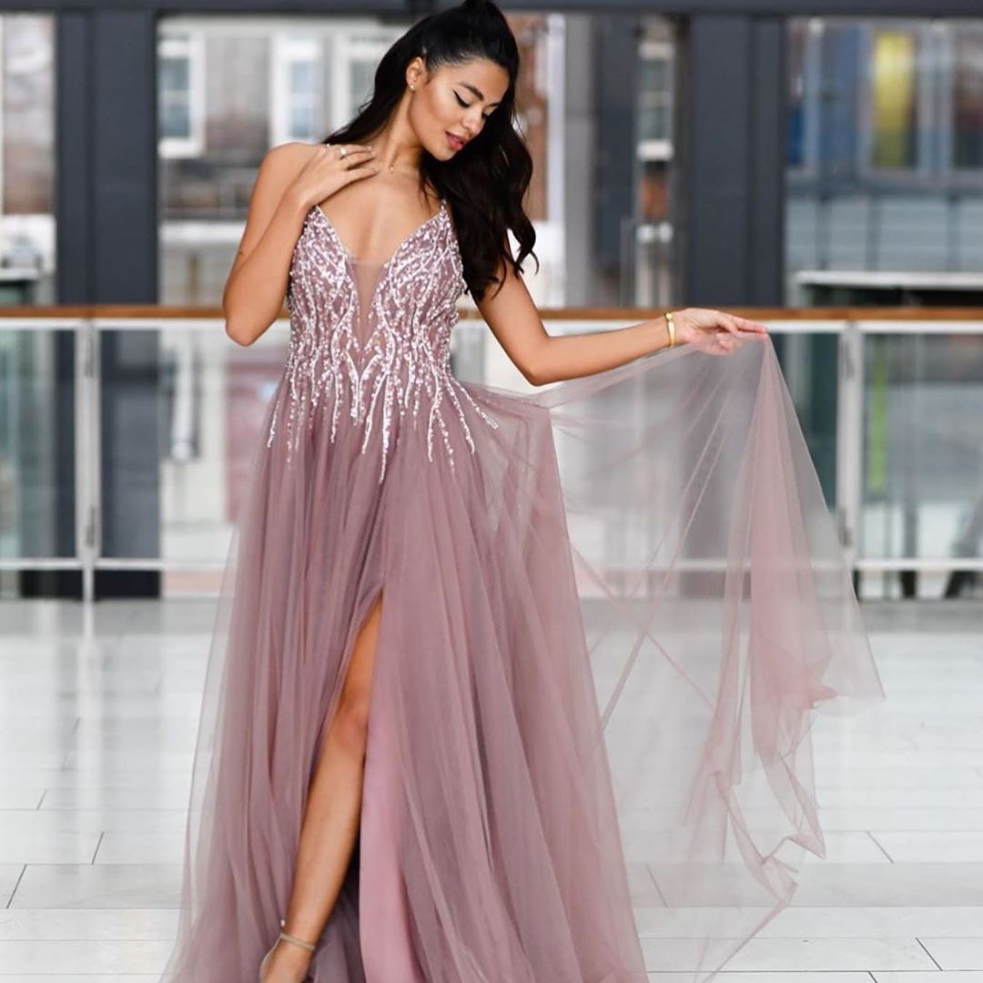 Long A-line V-neck Sparkle Sequined Prom Dress with Slit
