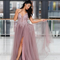 Long A-line V-neck Sparkle Sequined Prom Dress with Slit
