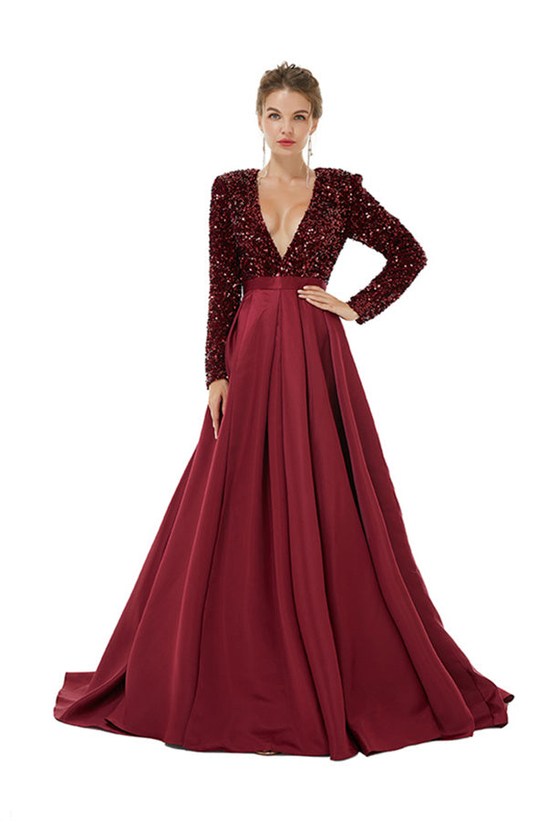 Charming Long Sleeves A-line V-neck Satin Beading Formal Dress With Slit