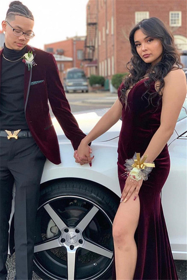 Elegant Long Velvet Spaghetti Straps Split Front Mermaid Prom Dress