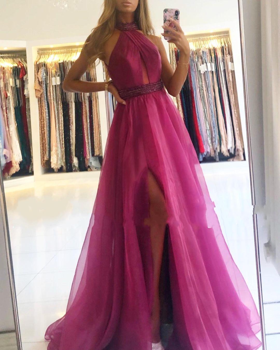 Elegant Long Halter A-Line Floor Length Tulle Prom Dress With Split