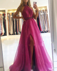 Elegant Long Halter A-Line Floor Length Tulle Prom Dress With Split