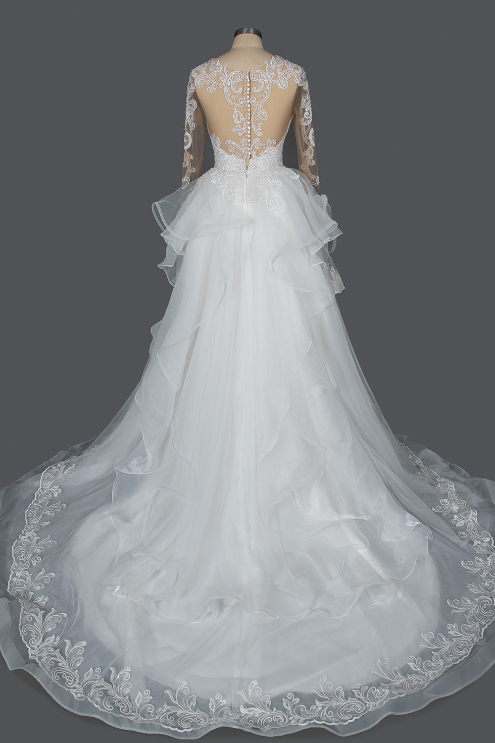 Long Tulle Lace Appliques Ruffles Ball Gown Wedding Dresses with Long Sleeve