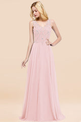 A-line Chiffon Appliques V-neck Sleeveless Floor Length Bridesmaid Dresses with Crystals