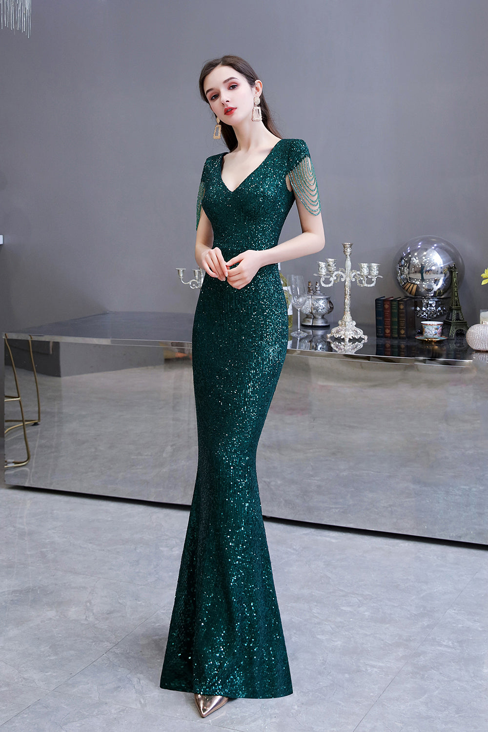Elegant Mermaid Cap Sleeve Dark Green Sequins Long Formal Evening Dress
