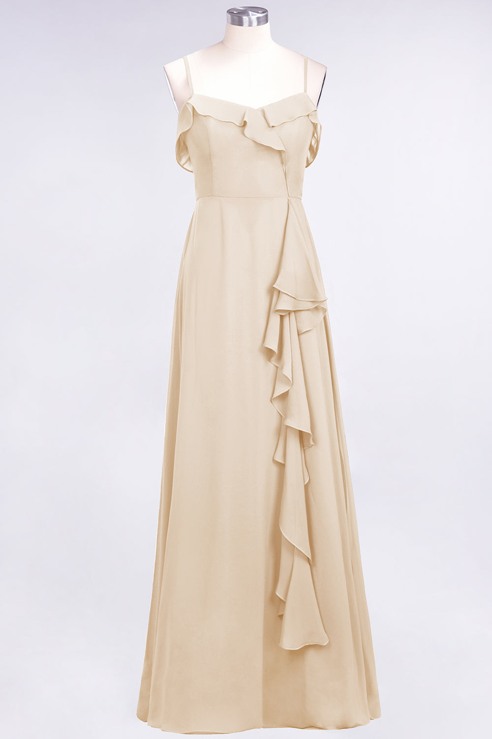 Spaghetti Straps A-Line Chiffon Backless Floor Length Prom Dress With Ruffles