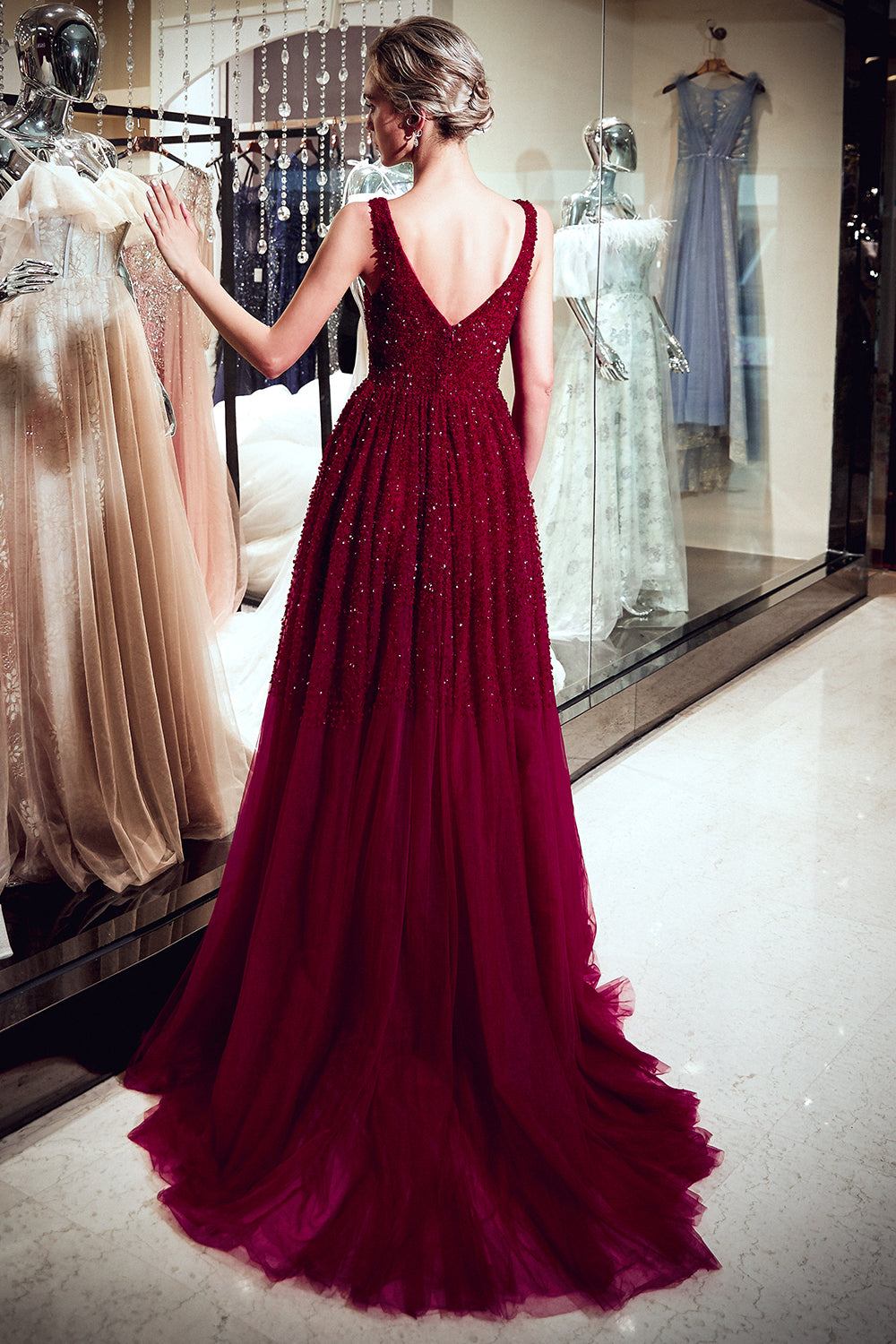 A-line V-neck Sleeveless Burgundy Sequins Tulle Long Evening Dresses