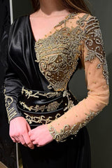 Elegant Black Long Mermaid V-neck Satin Beading Evening Dresses With Sleeves