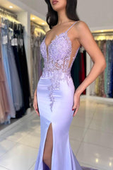 Long Mermaid Spaghetti Straps Lace Appliques Satin Prom Dress with Side Slit