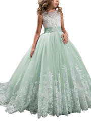 Long Ball Gown Tulle Lace Jewel Neck Pageant Flower Girl Dresses With Bow(S)