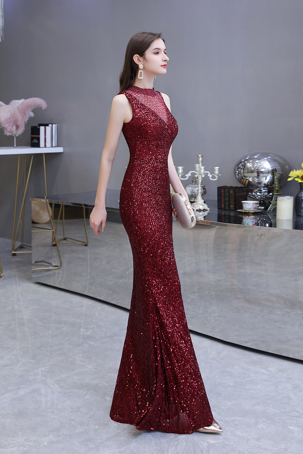 Gorgeous Mermaid Burgundy Sequins Long Formal Evening Dresses
