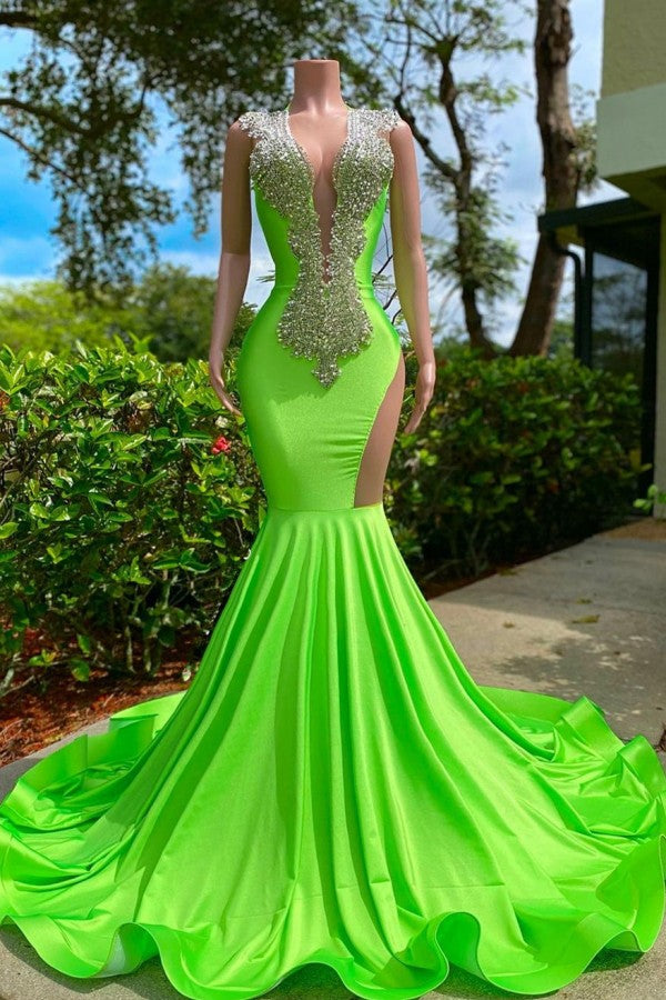 Long Mermaid Sequined V-neck Satin Backless Prom Dress with Appliques