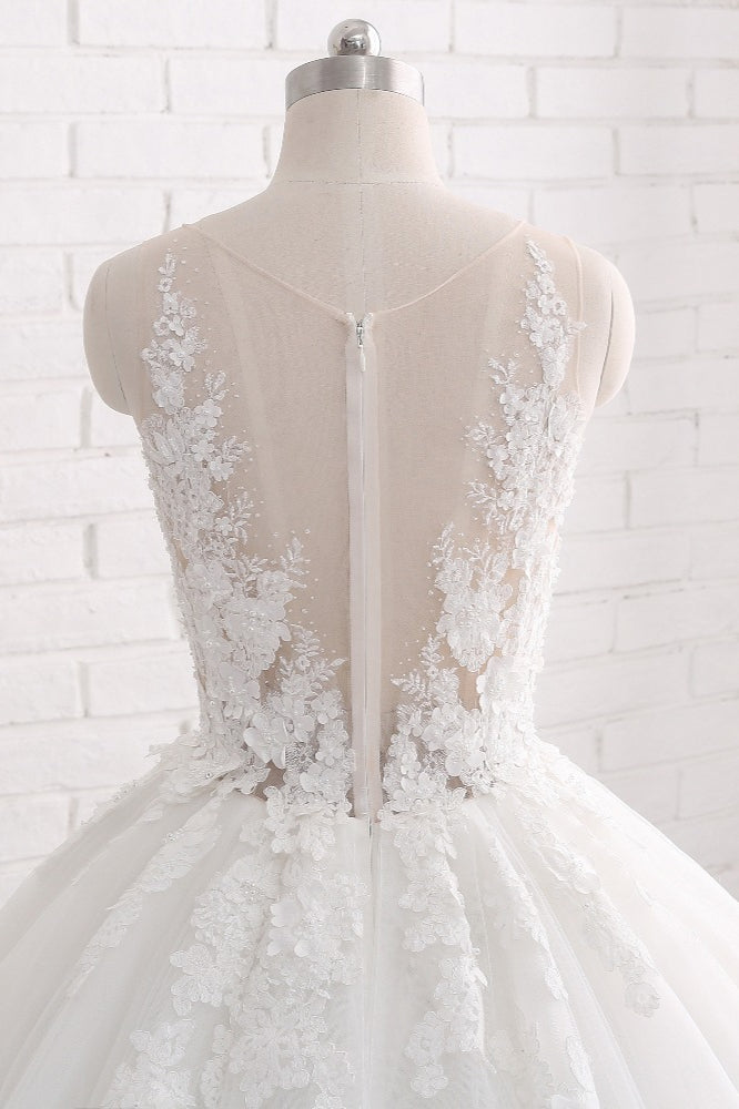 Elegant Long Ball Gown Tulle Court Train Wedding Dress with Appliques Lace