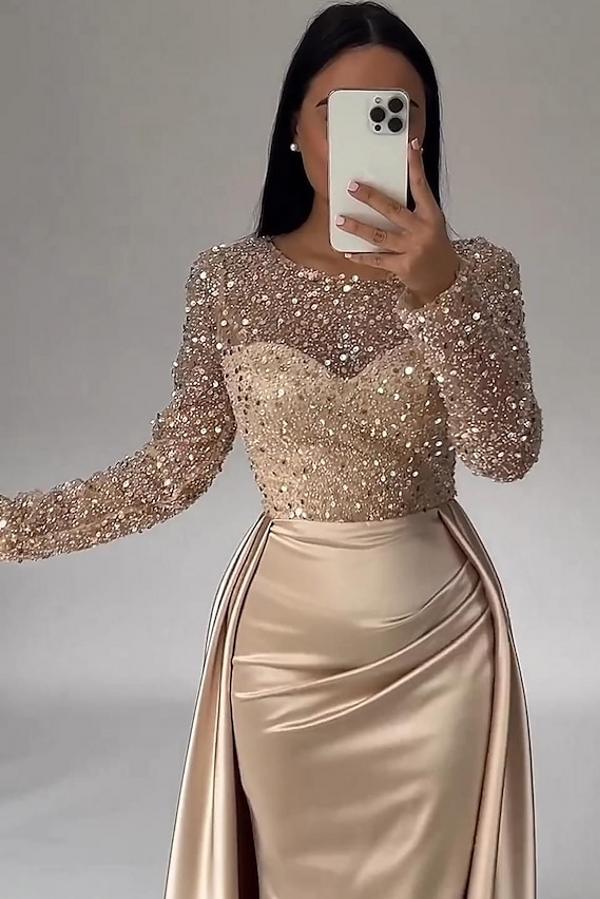 Elegant Long Mermaid Satin Sequined Formal Evening Dresses with Sleeves