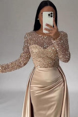 Elegant Long Mermaid Satin Sequined Formal Evening Dresses with Sleeves