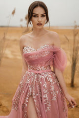 Modest Long A-line Strapless Tulle Lace Prom dress with Slit