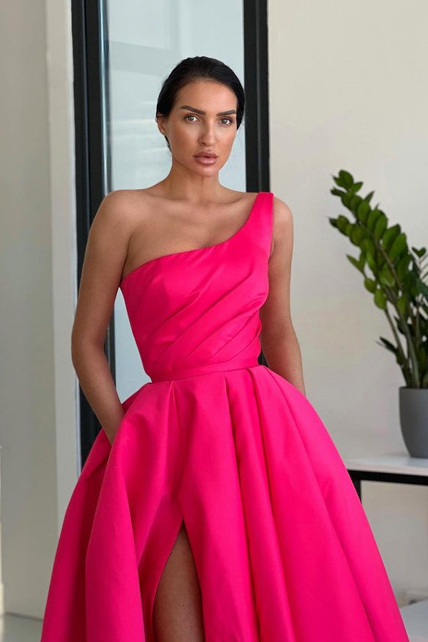 Long A-line One Shoulder Saitn Front Slit Prom Dresses with Pockets