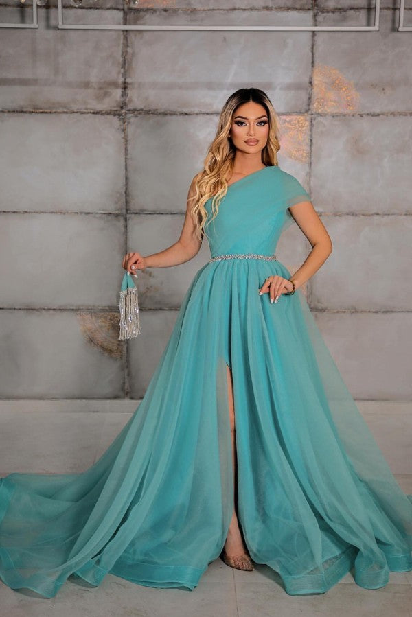 Elegant Long A-line One Shoulder Tulle Formal Prom Dresses with Slit