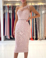 Simple Short Mermaid One Shoulder Floral Lace Slim Formal Party Dress