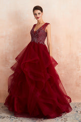 Long V-neck Tulle A-line Beaded Burgundy Formal Evening Dresses