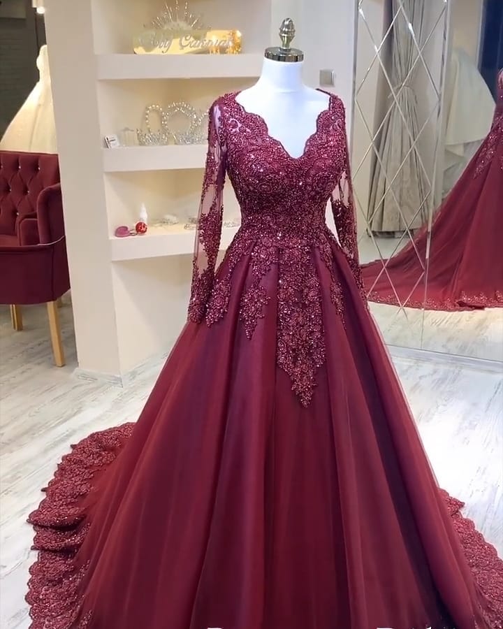 A-line V-neck Appliques Lace Long Tulle Ruffles Prom Dress with Sleeves