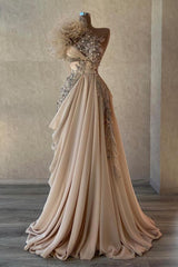 Long A-Line Sweetheart One Shoulder Chiffon Prom Dresses with Flowers