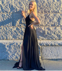 Black A-line V-neck Spaghetti Straps Backless Long Prom Dress with Slit