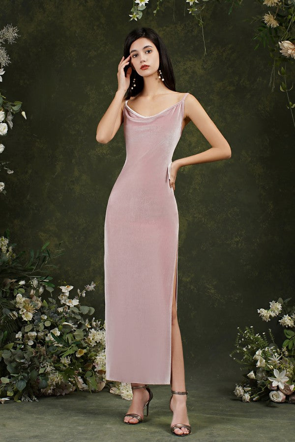 Cute Long Mermaid Straps Velvet Backless Formal Dresses with Slit