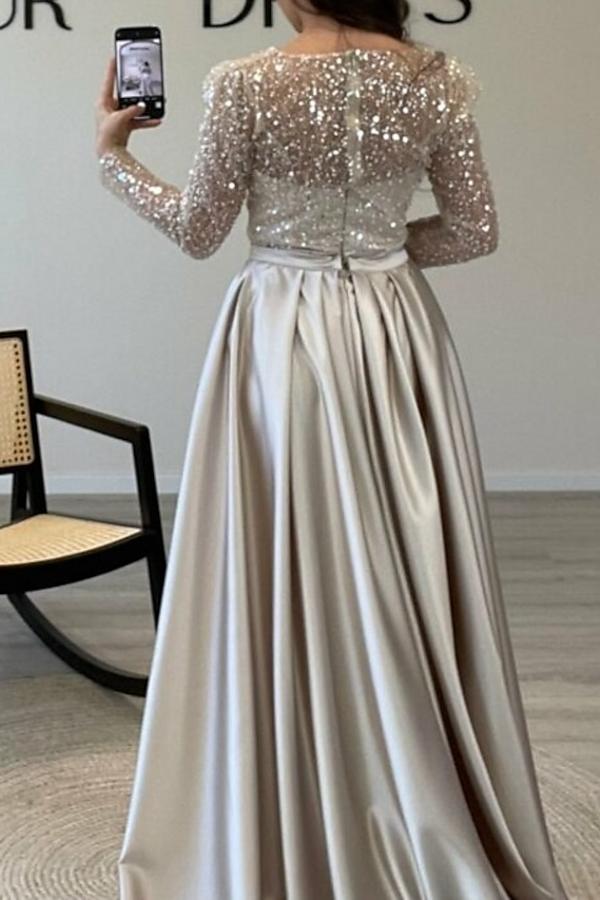 Elegant Long Mermaid Satin Sequined Formal Evening Dresses with Sleeves