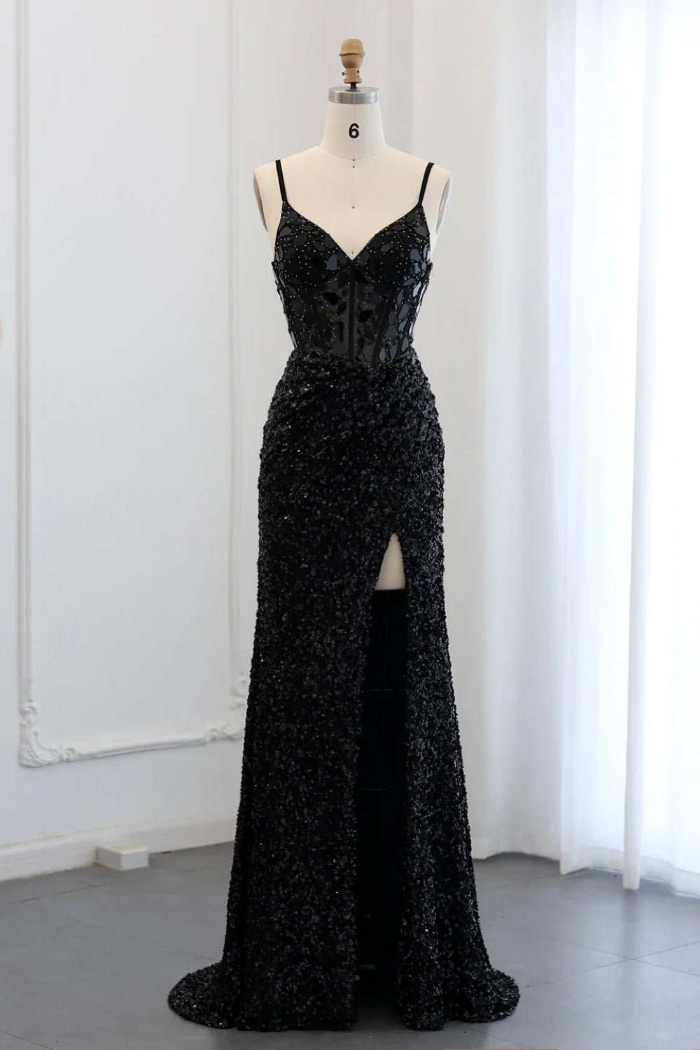 Sparkly Spaghetti Straps Mermaid Backless Split Front Prom Dress with Sequins