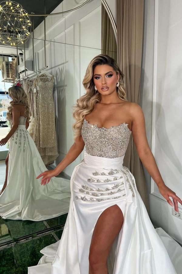 Long White Mermaid Sweetheart Satin Beading Prom Dresses with Split