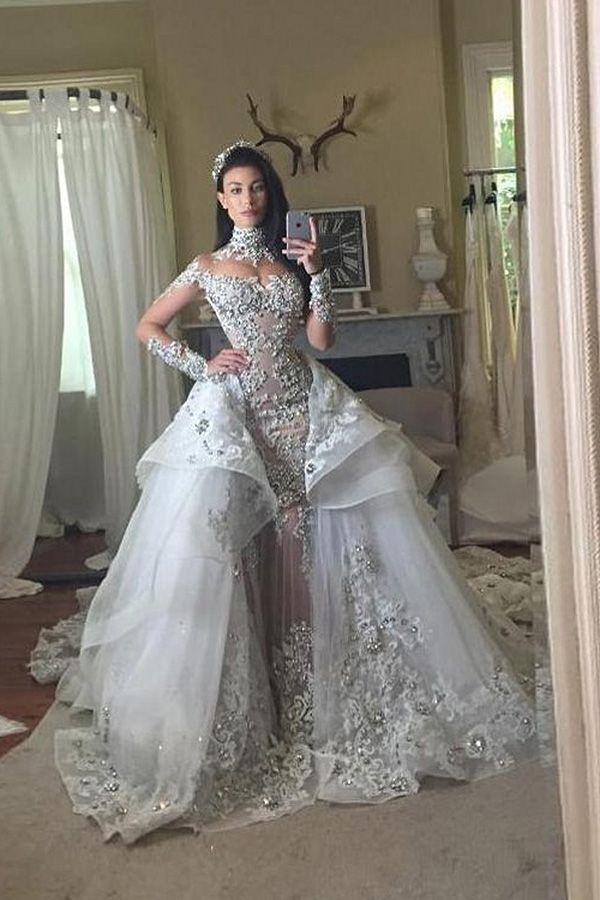 Glamorous Long Sleeves Tulle High Neck Mermaid Wedding Dresses with Detachable Overskirt