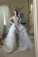Glamorous Long Sleeves Tulle High Neck Mermaid Wedding Dresses with Detachable Overskirt